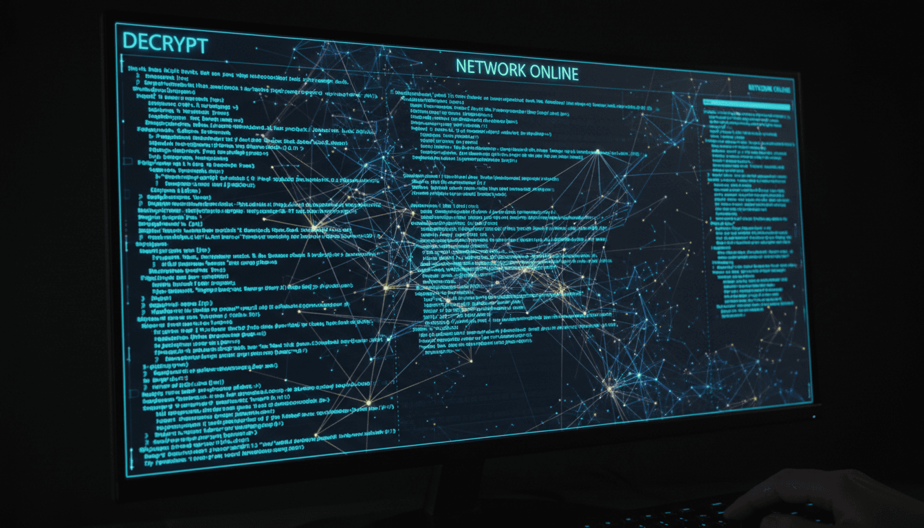 Dark computer monitor with lines of code and network connections