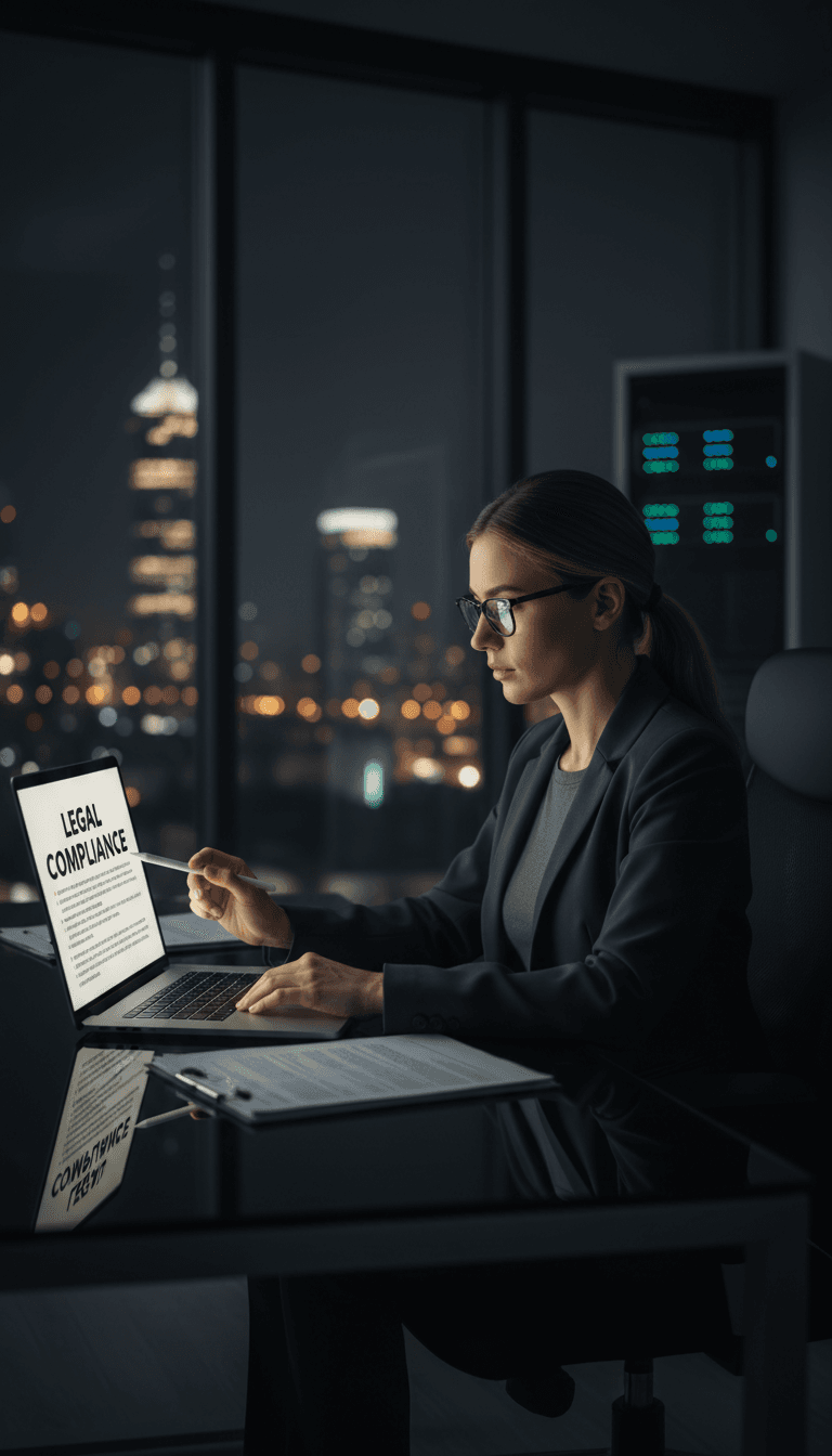 Professional reviewing copyright takedown documents on a laptop with protective software on screen