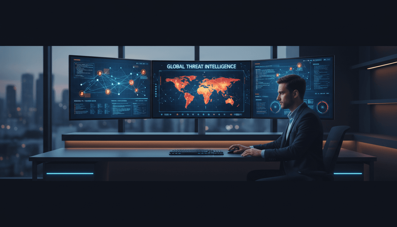 Cybersecurity professional monitoring digital security dashboards on multiple screens in a modern office